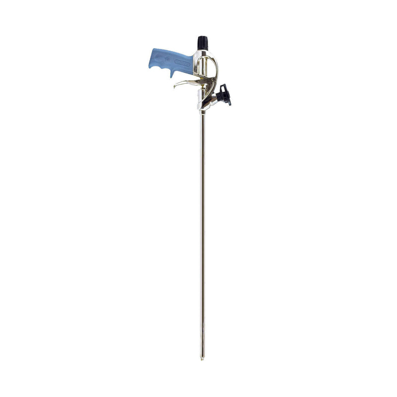 A heavy duty foam gun with a long barrel and screw top applicator, primarily silver in color with blue and black accents.