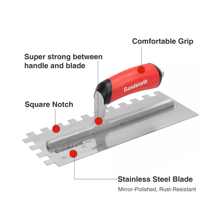 Goldblatt Notched Trowel 400X100mm S/S Soft Handle Sq, Multiple Sizes