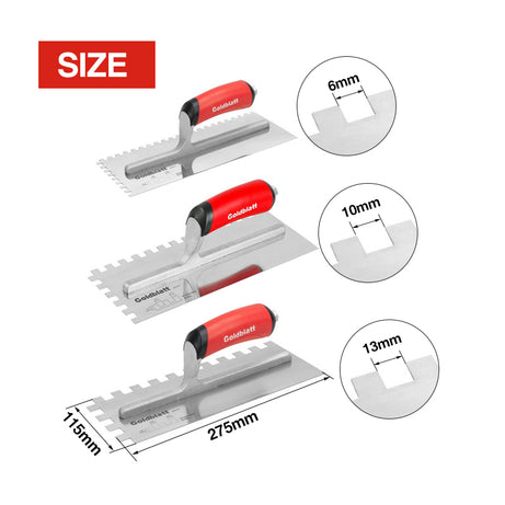 Goldblatt G02379/G02413/G02416 Notch Trowel 275X115mm S/S Soft Grip Handle Sq Multiple Sizes