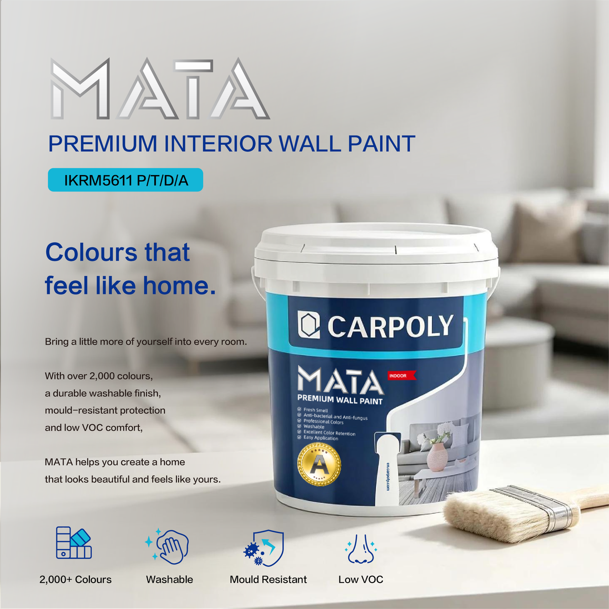 Carpoly Mata Premium Interior Wall Paint (White/Light/Deep/Dark Color Base Paint), Optional Sizes