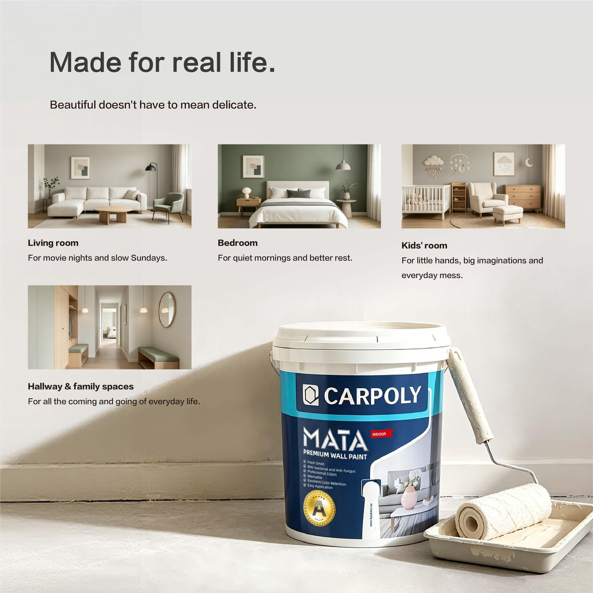 Carpoly Mata Premium Interior Wall Paint (White/Light/Deep/Dark Color Base Paint), Optional Sizes
