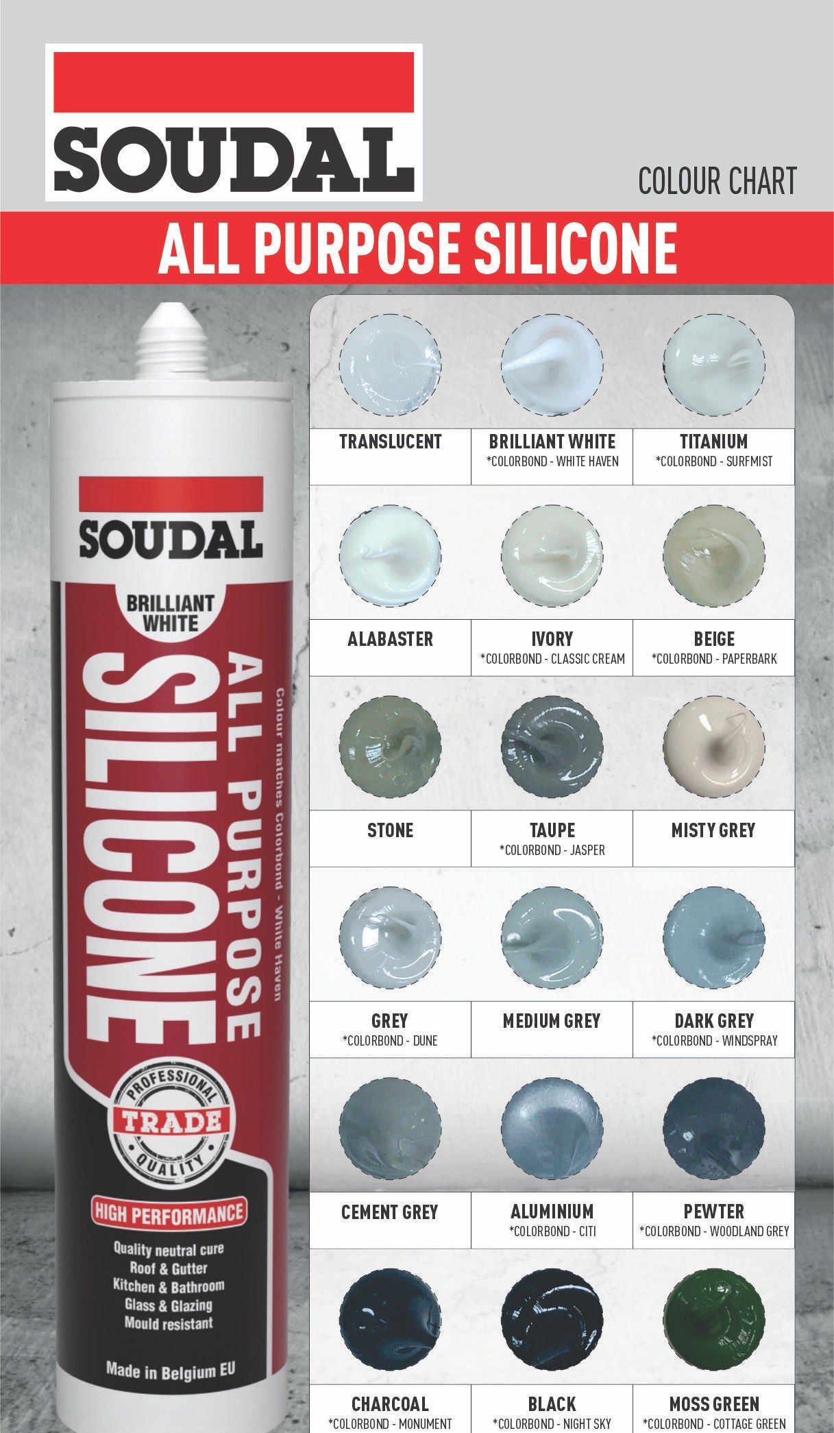 Soudal All Purpose Silicone 300ml, Multiple Colors